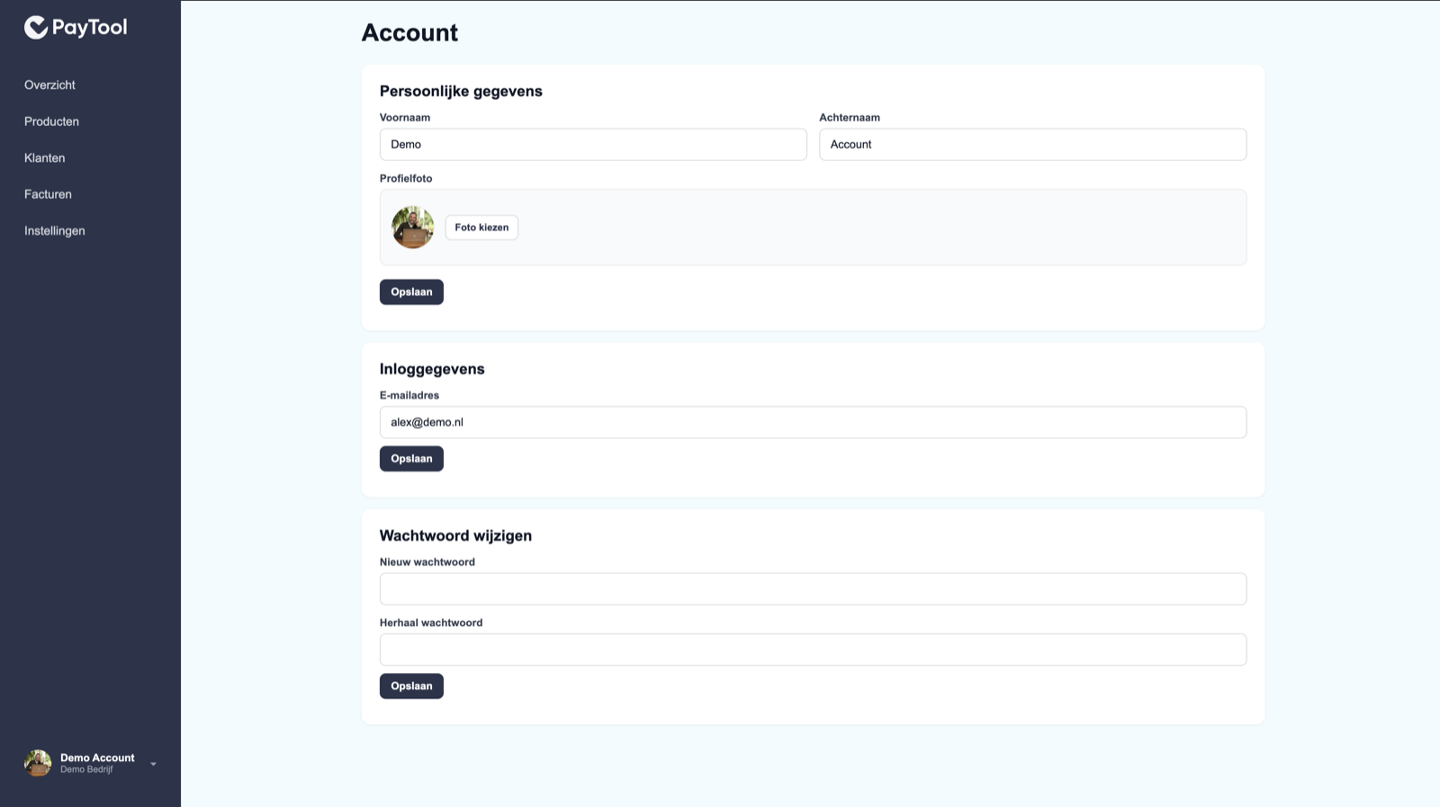 Accountpagina met persoonlijke gegevens, inlog-e-mail en wachtwoord wijzigen