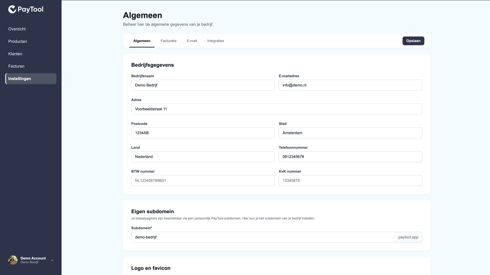 Instellingen Algemeen met tabs Algemeen, Facturatie, E-mail en Integraties