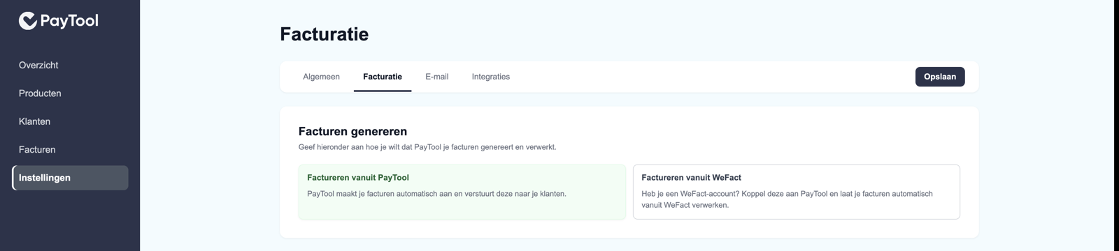 Keuze Factureren vanuit PayTool of Factureren vanuit WeFact op Instellingen Facturatie