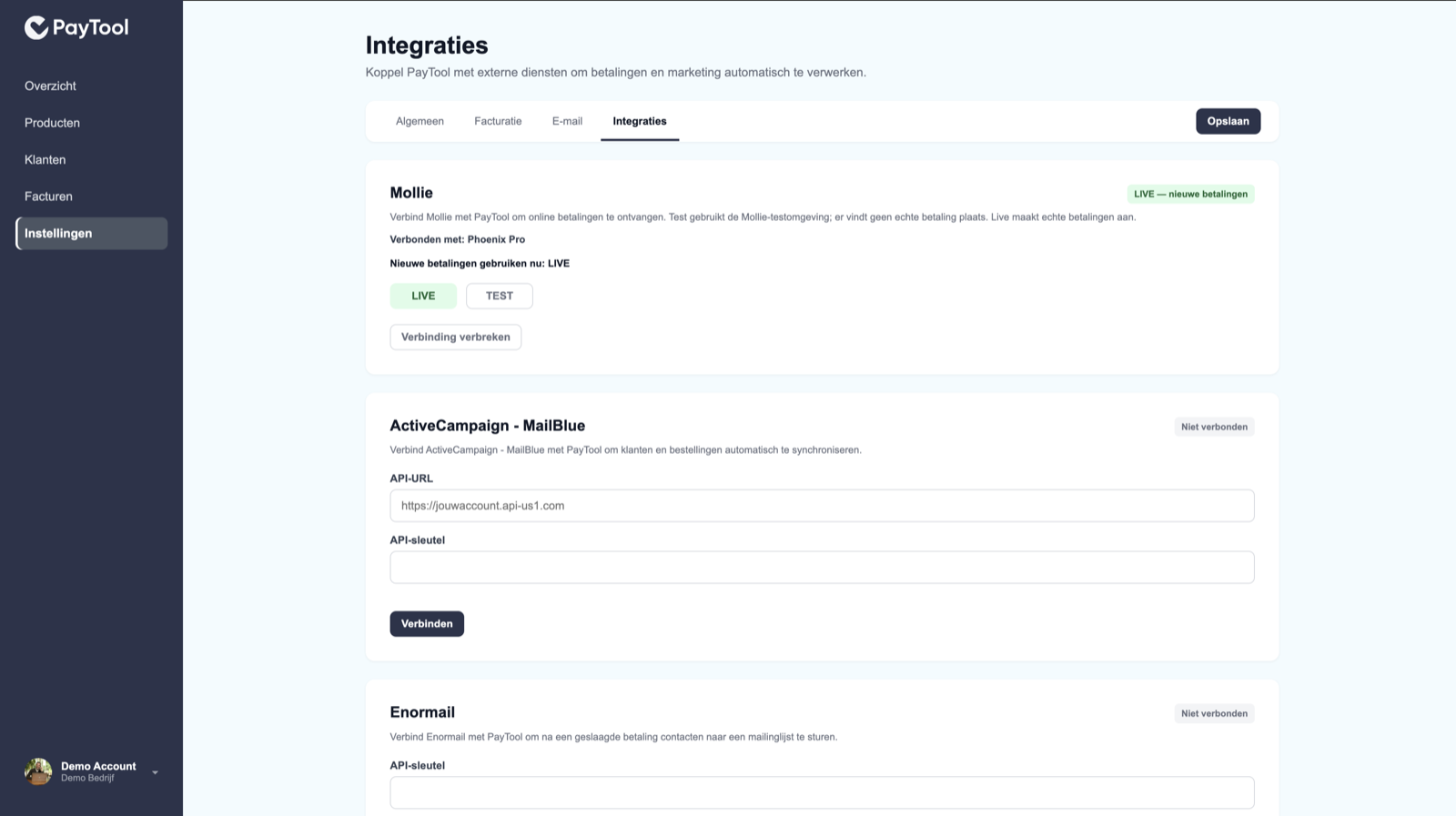 ActiveCampaign - MailBlue op Integraties met API-URL, API-sleutel en knop Verbinden